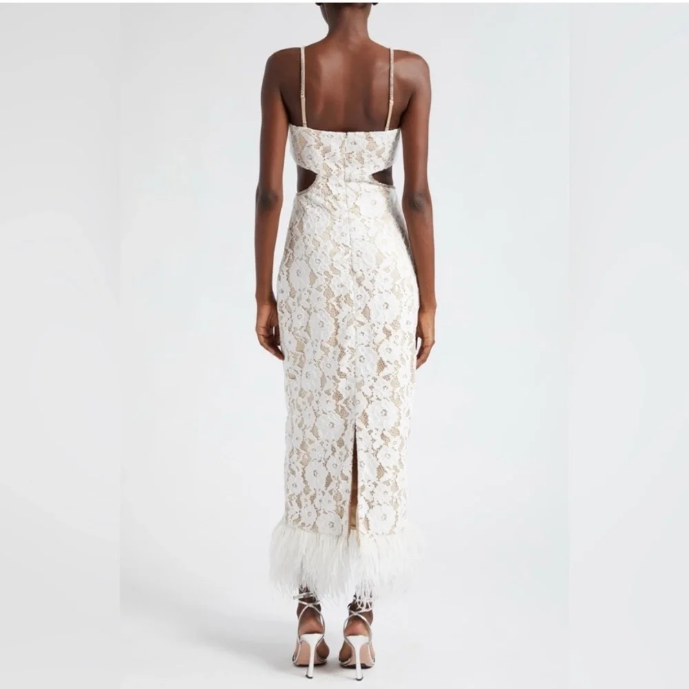 Likely Sarah Cutout Lace Feather Trim Maxi Dress